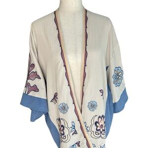 Umgee Cream and Blue Floral Embroidered Boho Kimono